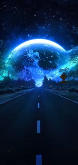 Mystical night sky wallpaper with glowing planet and open road.