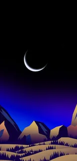 Crescent moon over mountains in night sky wallpaper.