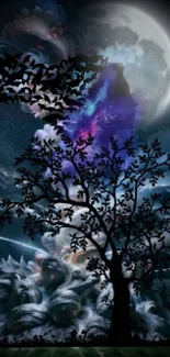 Mystical night sky wallpaper with a tree silhouette and moonlight.