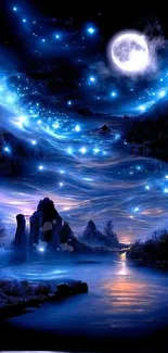 Mystical blue night sky with stars reflecting over a serene landscape.