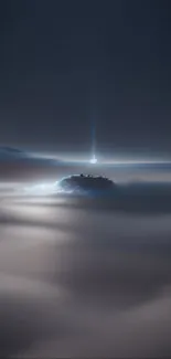 Mystical castle in a foggy landscape under a dark night sky.