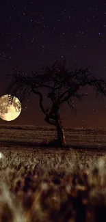 A mystical night scene with a tree silhouette and full moon under a starry sky.