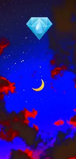 Mystical night sky wallpaper with diamond and crescent moon in blue and red hues.