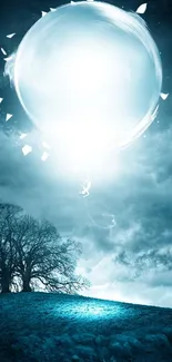 Mystical night sky with glowing orb over landscape.