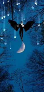 An angel silhouette flies above trees and a crescent moon in a dark blue night sky.