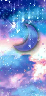 Crescent moon in a dreamy, starry night sky wallpaper.