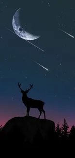 Deer silhouette with starry night sky and crescent moon wallpaper.