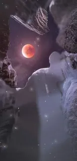 Mystical night sky with red moon and rugged cliffs.