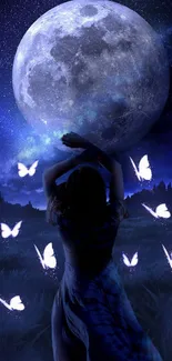 Silhouette of woman with butterflies under a full moon.