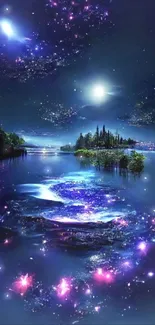 Mystical night sky wallpaper with stars, a luminous moon, and serene lake reflection.