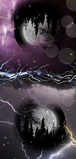 Mystical night sky with lightning and moon in a forest setting wallpaper.