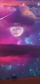 Mystical night sky wallpaper with a full moon and vibrant pink clouds.