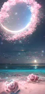 Mystical crescent moon over pink flowered beach at night.