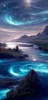 Mystical landscape with swirling galaxies and a serene river.