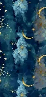 Mystical night sky wallpaper with stars and gold moons.