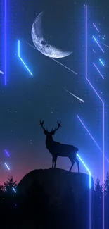 Silhouette of a deer under a crescent moon and starry sky.