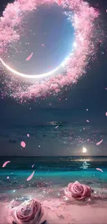 Mystical crescent moon and pink flower sky over ocean.