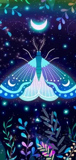 Mystical moth under moonlit night sky with vibrant, colorful foliage.