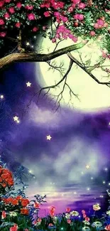 Mystical night sky with stars and vibrant flowers under a full moon.