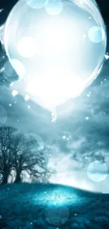 Mystical night scene with glowing orb and silhouetted trees.