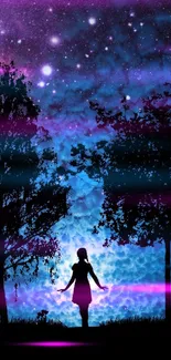 Silhouette under a colorful night sky with stars and trees.