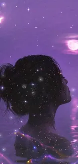 Silhouette under a starry purple night sky with moon.