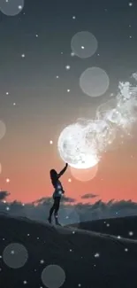 Silhouette reaching for glowing orb in mystical night sky.