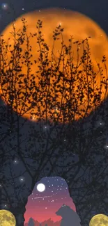 Dark blue night sky with a bright orange moon and silhouetted trees.