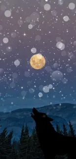 A wolf howls under a starry night sky with a glowing full moon.