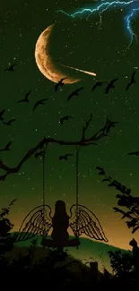 Mystical night sky with moon, angel on swing, and birds in silhouette.