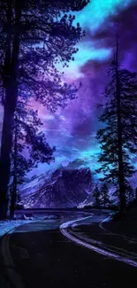 Mystical night sky with forest and mountain scene.