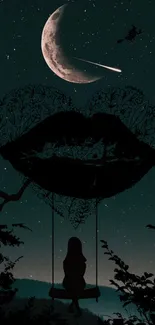 Silhouette of girl on swing under crescent moon and shooting star at night.