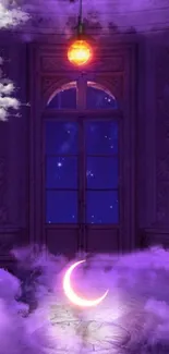 Mystical wallpaper with crescent moon and purple clouds in elegant room.