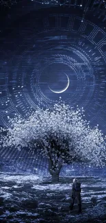 Mystical night sky wallpaper with crescent moon and tree.