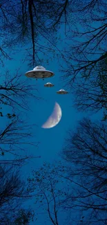 UFOs hover over a crescent moon in a mystical night sky.