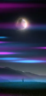 Mystical night sky with neon streaks over mountains.