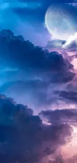 Mystical night sky wallpaper with clouds, moon, and lightning.