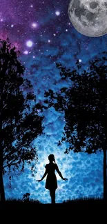 Silhouette of a girl under a vibrant night sky with a glowing moon.