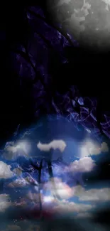 Mystical night sky with clouds and moon in purple hues wallpaper.