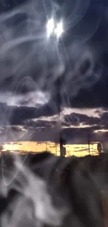 Mystical night sky with swirling clouds and dramatic colors.