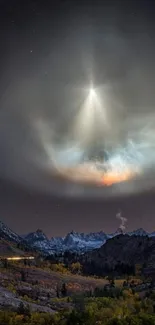 Ethereal night sky with glowing aura over mountains.