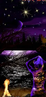 Mystical night scene with stars, a wolf, and a purple-lit lake.