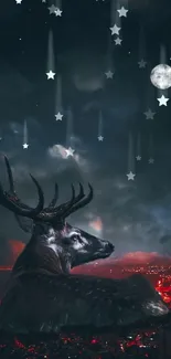 Mystical deer under moonlit night sky with city lights below.