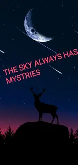 Mystical night sky wallpaper with crescent moon and deer silhouette.