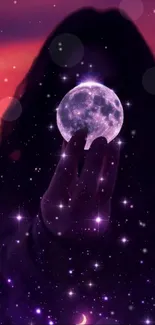 Silhouette holding a glowing moon against a purple night sky filled with stars.