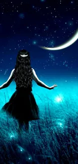 Girl stands in a luminous meadow under a crescent moon and starry night sky.