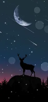 Deer silhouette under a moonlit night sky with stars.