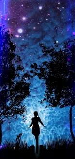 Silhouette under a starry, mystical night sky wallpaper.