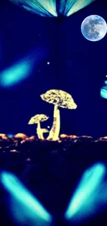 Dark blue wallpaper with glowing mushrooms and a full moon.