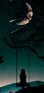 Night sky with a silhouette on a swing under stars and moon.